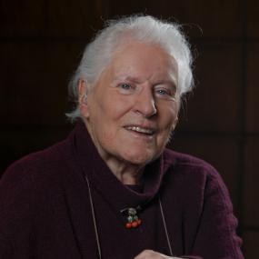 Photo of Diana Athill, seated, in Toronto to be interviewed by Alice Munro at the Inernational Festival of Authors, 20 October
            2009.