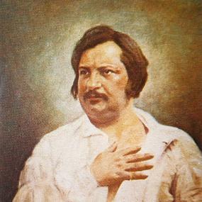 Coloured photograph or daguerrotype of Honoré de Balzac by Louis-Auguste Bisson, 1842. Balzac stands in a pose of sturdy defiance, his white shirt open and an open palm to his breast. He has a small moustache and thick page-boy-style hair.