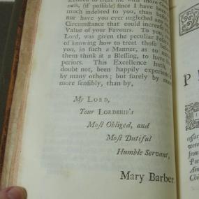 Conclusion of dedication to Lord Orrery of Mary Barber's "Poems on Several Occasions", 1735, written for her by Jonathan Swift.