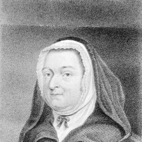 Wood engraving of Mary Bosanquet Fletcher, published 1873. She is wearing a dark cloak with a loose hood over a white cap that encircles her face.