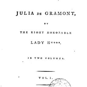 Large black type against a beige background, giving the book's title, the author's name as "the Right Honourable Lady H***" and its original publication date and publisher.