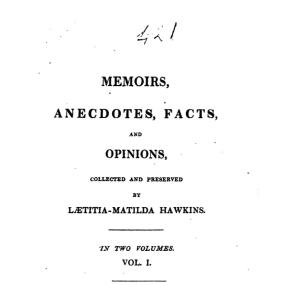 Title-page of Laetitia-Matilda Hawkins, "Memoirs, Anecdotes, Facts, and Opinions", 1824 (her second book of memoirs), vol. 1.