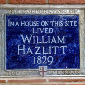 Plaque recording William Hazlitt's residence in Bouverie Street, London.