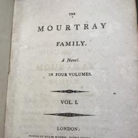 Title-page of Elizabeth Hervey's novel "The Mourtray Family", 1800, volume 1.
