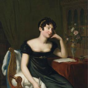 Full-length portrait of Sydney Owenson, Lady Morgan, by René Théodore Berthon, c. 1818. She sits in an ornate chair, with an elbow on a desk bearing paper, an inkwell, and a vase of flowers; her head rests pensively on her hand. She is wearing a black Empire-style dress with short puff sleeves, and holding a quill pen. A blue mantle with plentiful white fur trim is thrown carelessly on her chair. National Gallery of Ireland.