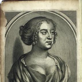 Engraving of a bust of Katherine Philips by Michael Vander Gucht, frontispiece to her posthumous poems. The bust, in classical style, stands in an oval alcove on a pedestal engraved "ORINDA". Philips gazes into the distance, her hair in a loose bun with a single ringlet on each side; her low, draped neckline shows her breasts.