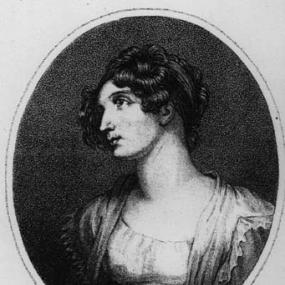 Black and white oval image from a painting of Jane Porter by George Henry Harlow, before 1811. She wears a simple light-coloured, low-necked bodice, and a mantle with ruffled shoulders. Her dark curly hair is piled on her head, and her name is written below.bb