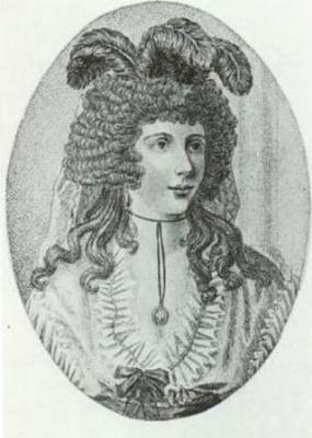 Oval print of Elizabeth Sarah Gooch, wearing a wig with ostrich feathers on top. Her own hair is visible below the wig, hanging in loose curls on her shoulders. She has a pendant hanging in her many-ruffled neckline.